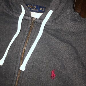 Polo dark gry zip hooded sweatshirt w maroon horse